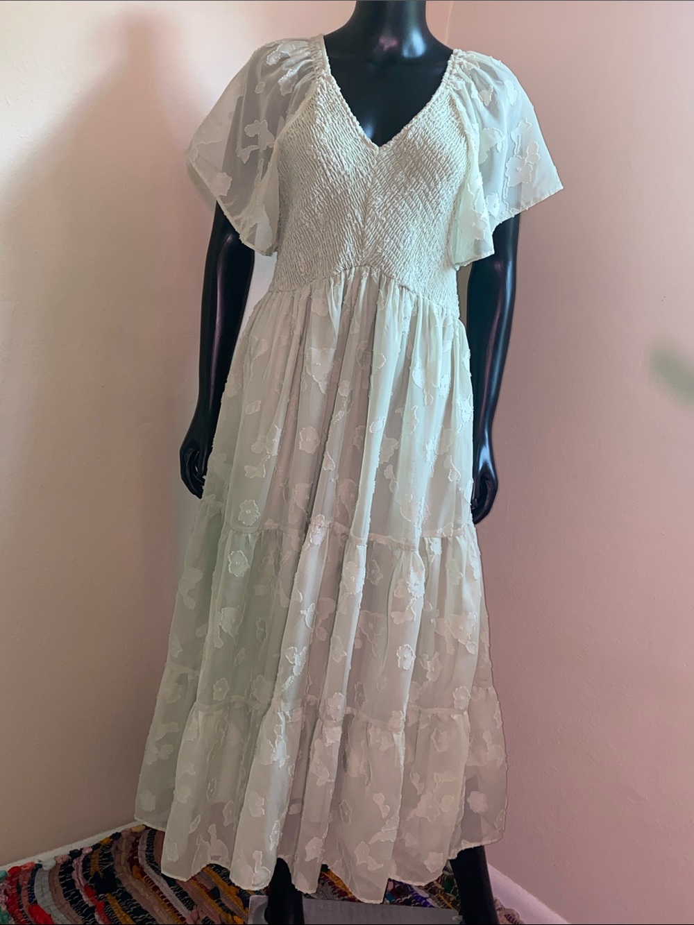 Pinup Fashion Sheer Flutter Sleeve Tiered Maxi Dress in Sage Green
